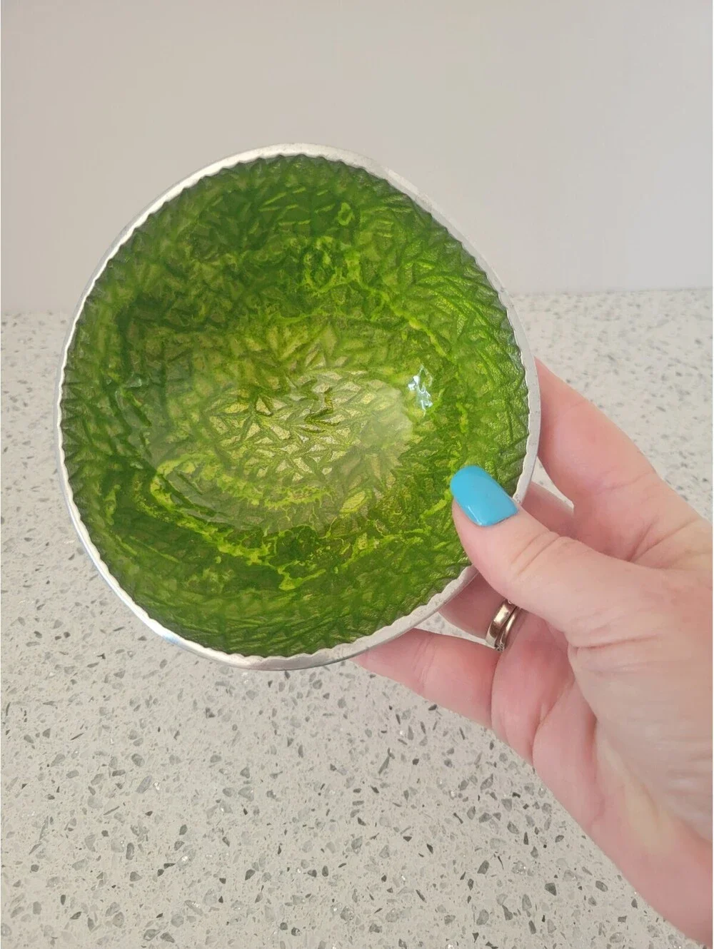 Simply Designz Metal Green Enamel MCM Snack Nut Bowl Trinket Vanity Dish Decor